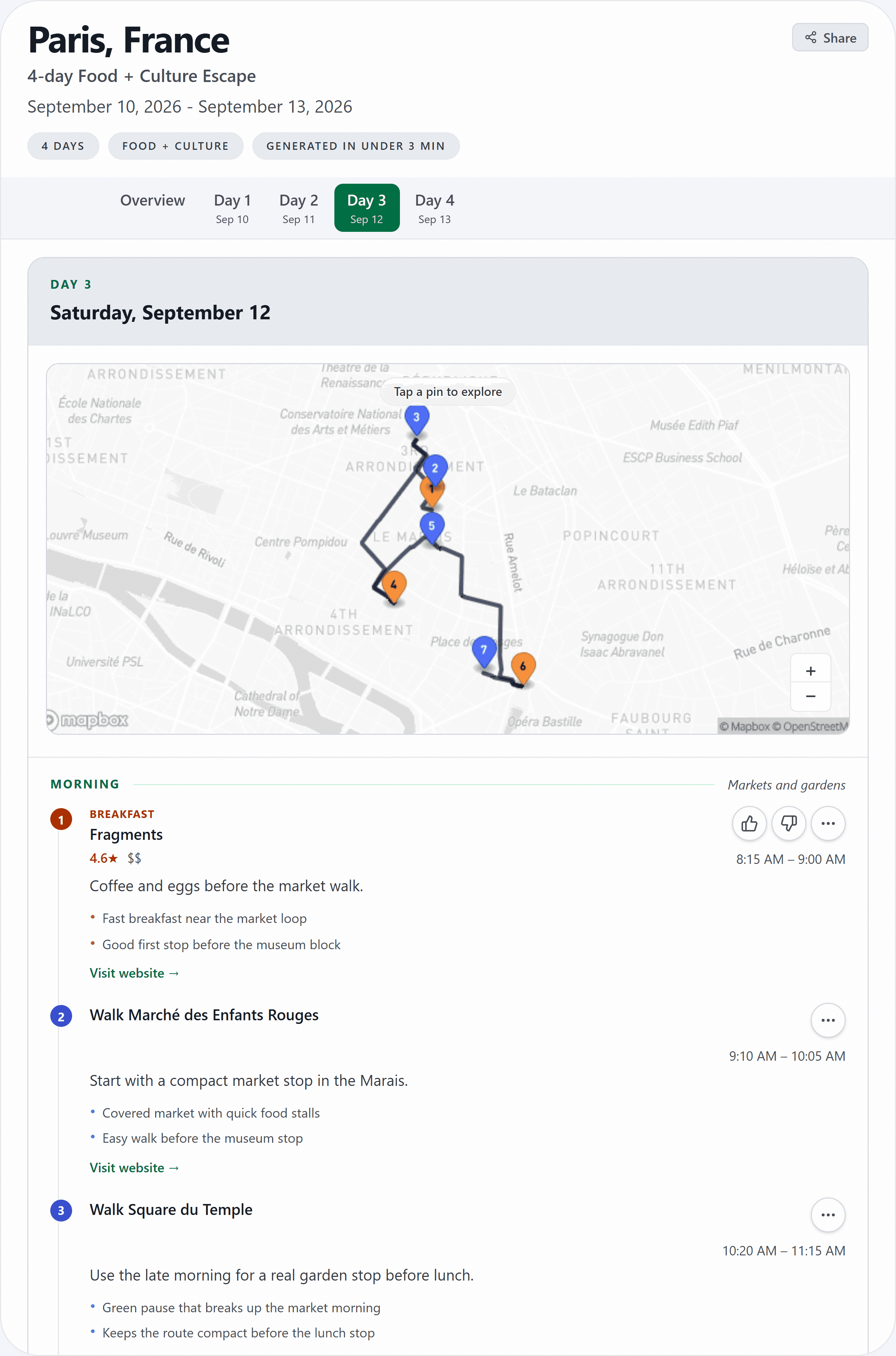 Full landing demo capture from the real itinerary UI showing day tabs, the day map, share controls, and editable morning, afternoon, and evening stops.