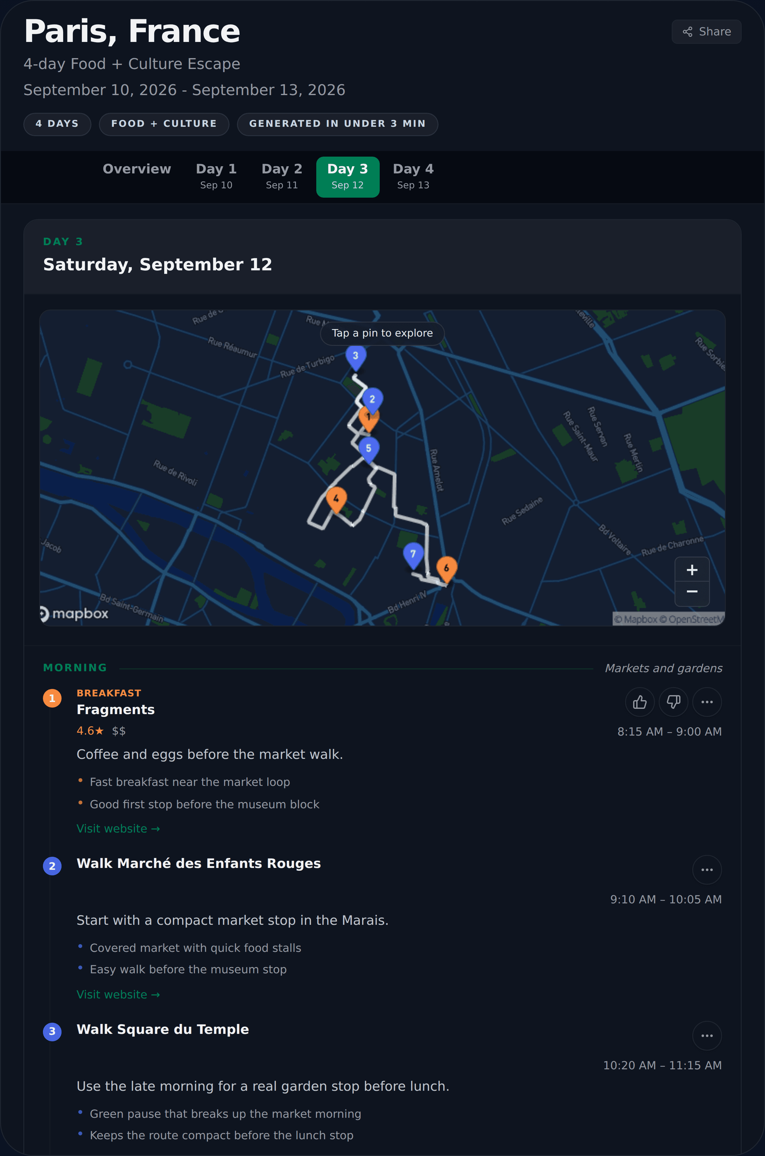 Full landing demo capture from the real itinerary UI showing day tabs, the day map, share controls, and editable morning, afternoon, and evening stops.